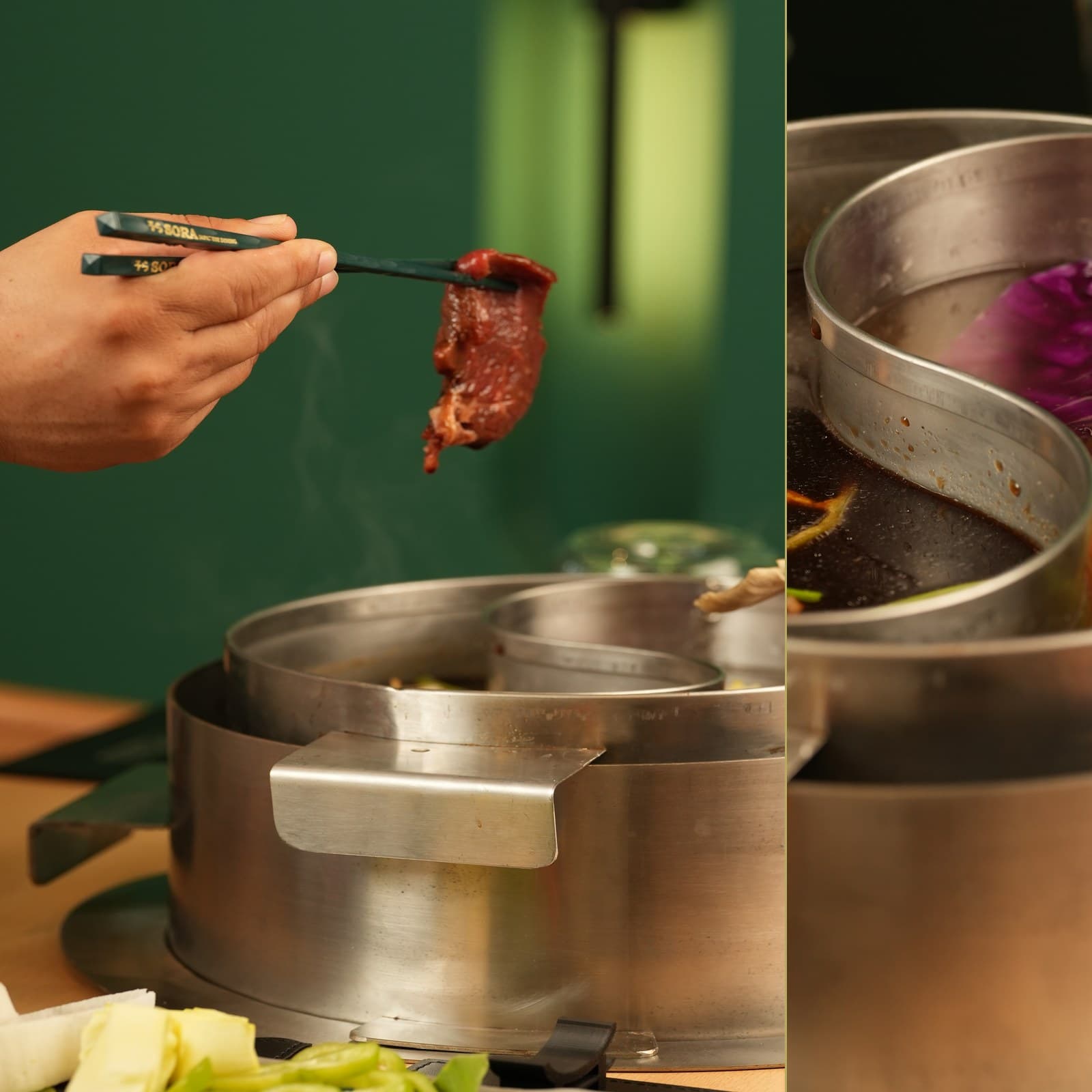 Sora Japanese Dining hot pot — füme et ve iki bölmeli tencere