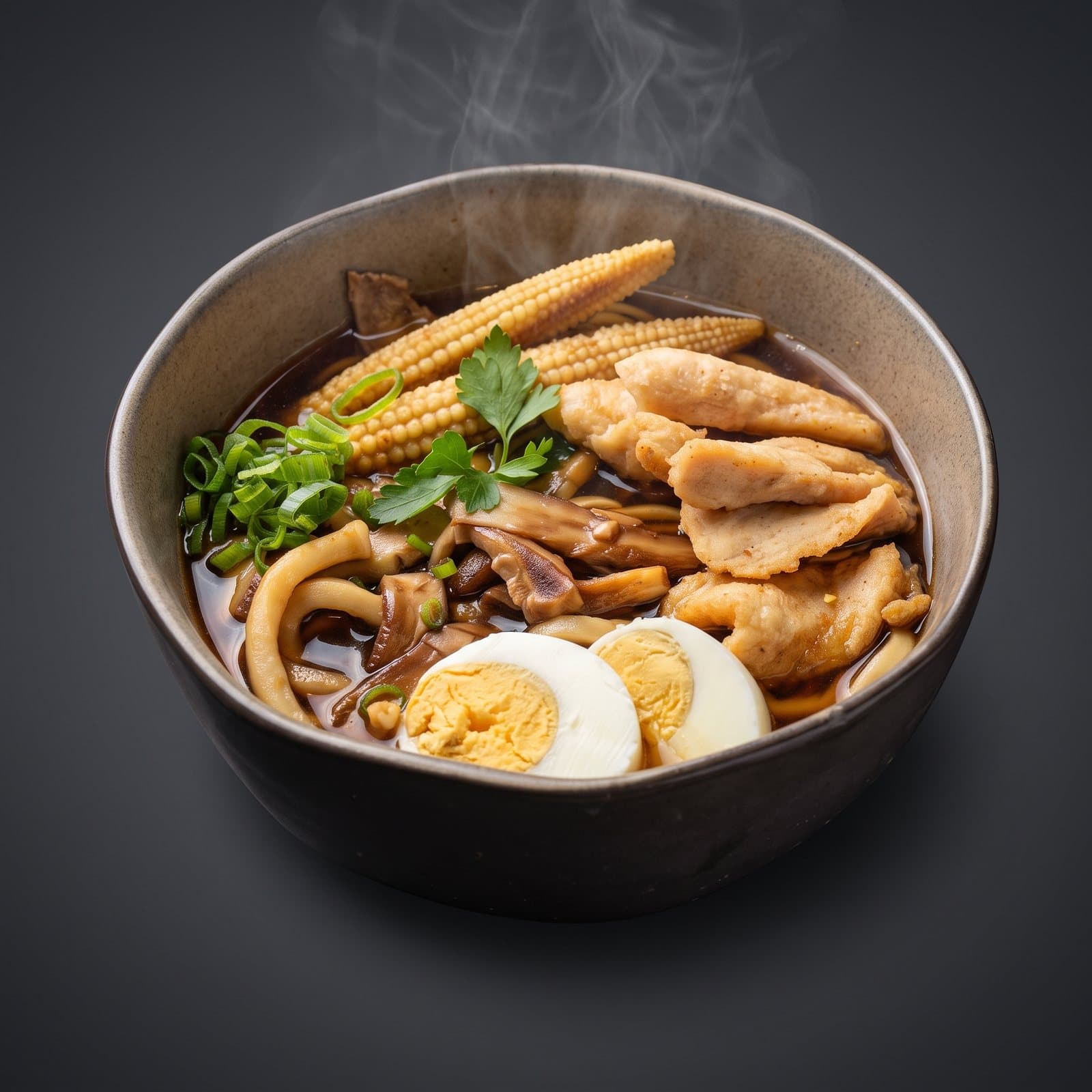 Sora Japanese Dining Bursa — Tavuklu ramen, yumurta ve bebek mısır ile