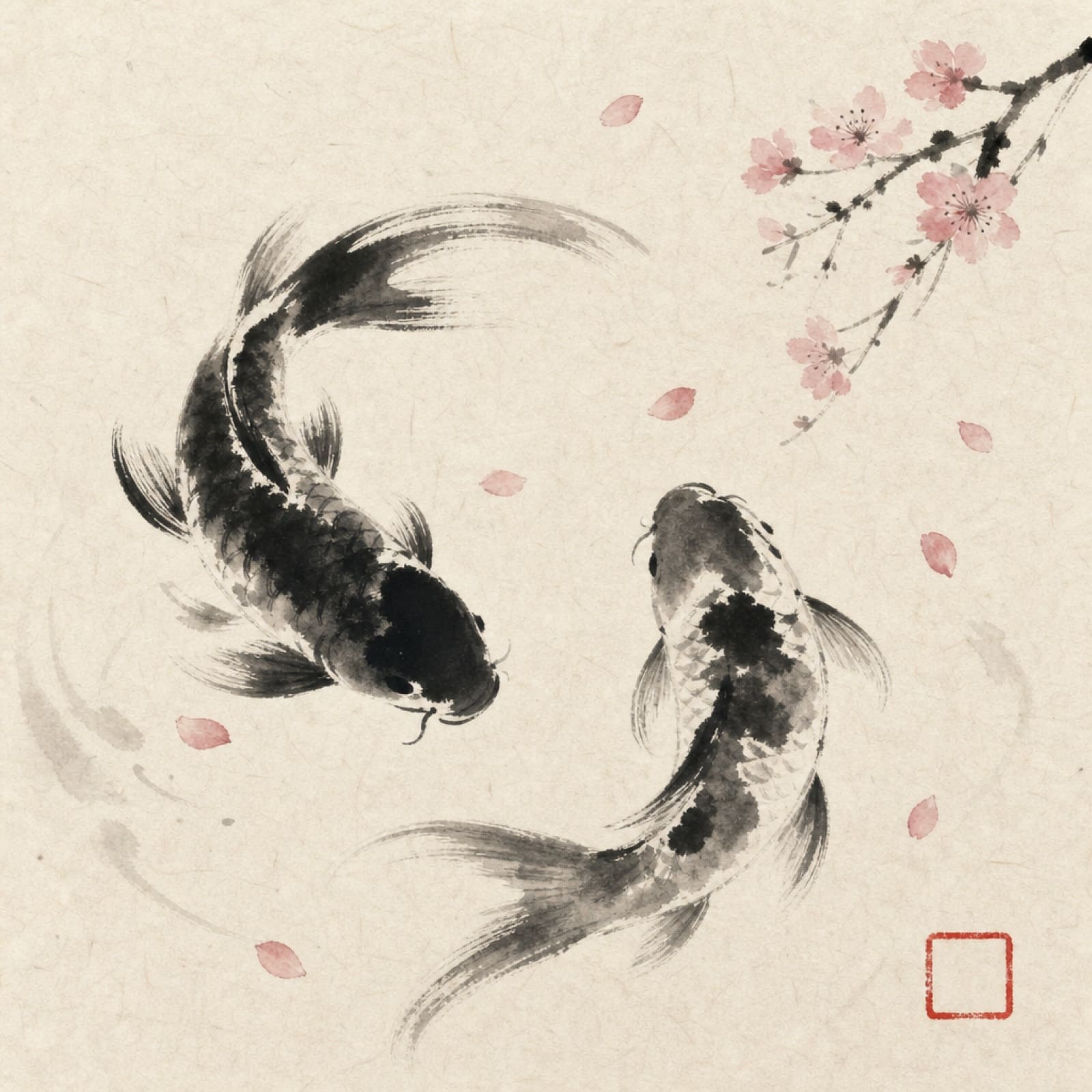 Sumi-e mürekkep tekniğiyle çizilmiş iki koi balığı — Sora Japanese Dining marka illüstrasyonu